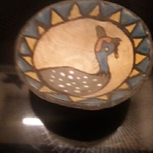Decorative Wood Bowl with Guinea Hen Bird Design. 8 Inches Across, 4 Inches Deep